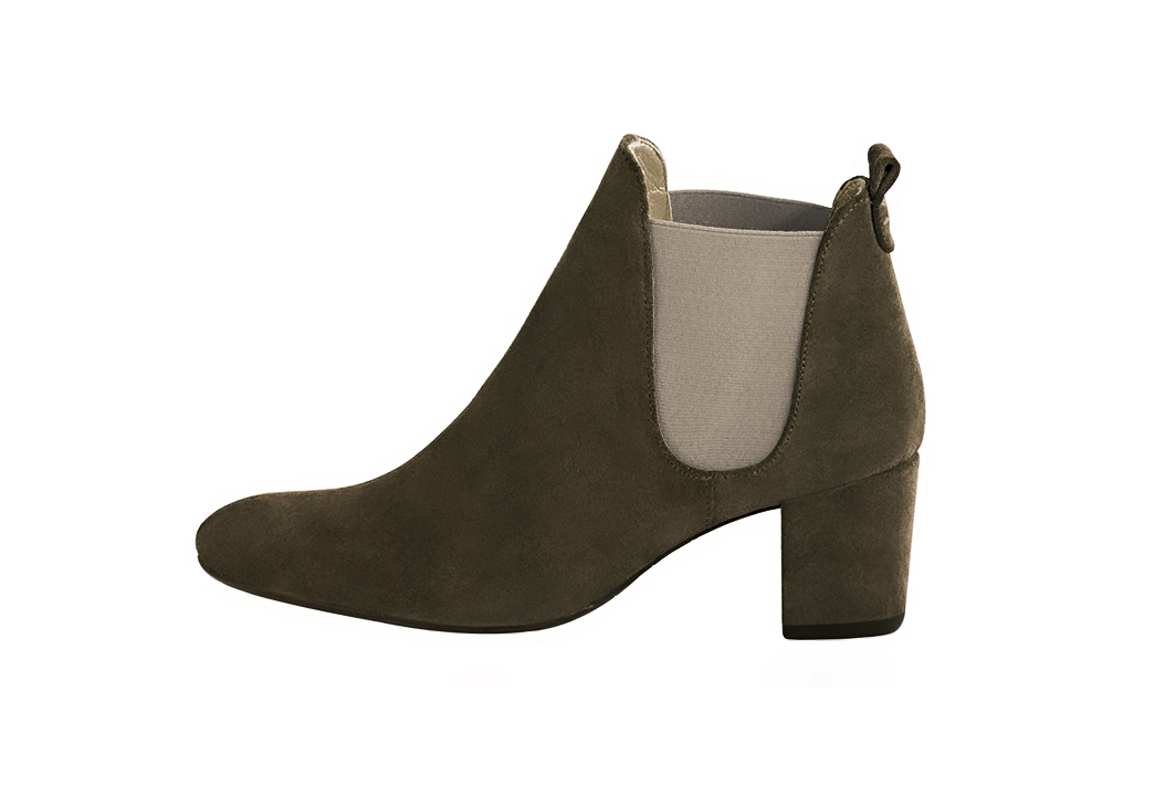 Khaki green and off white women's ankle boots, with elastics. Round toe. Medium block heels. Profile view - Florence KOOIJMAN